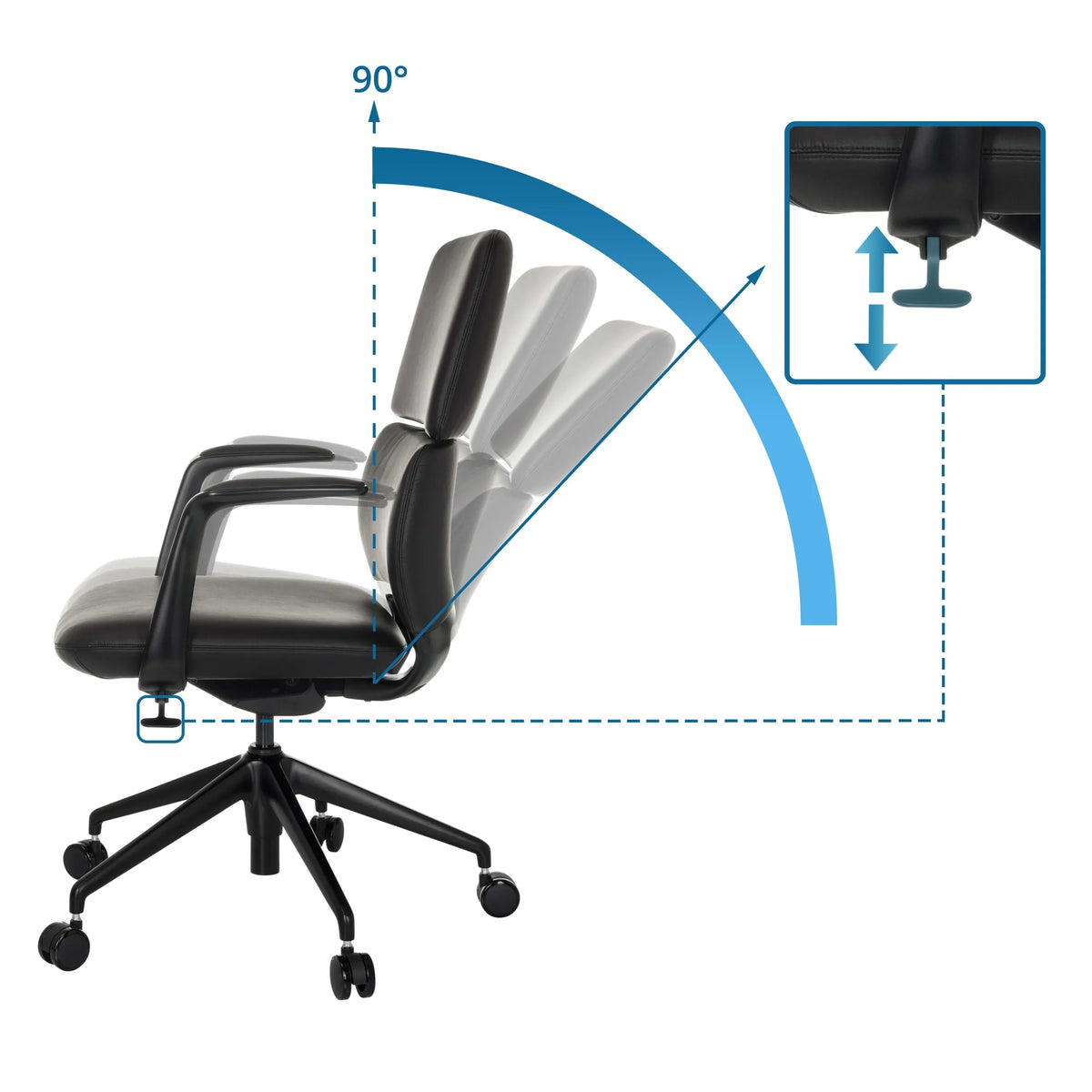 Justerbart ryglæn med 90° hældning og højdejustering af Professionel kontorstol ATMOS DESIGNER fra hjh OFFICE