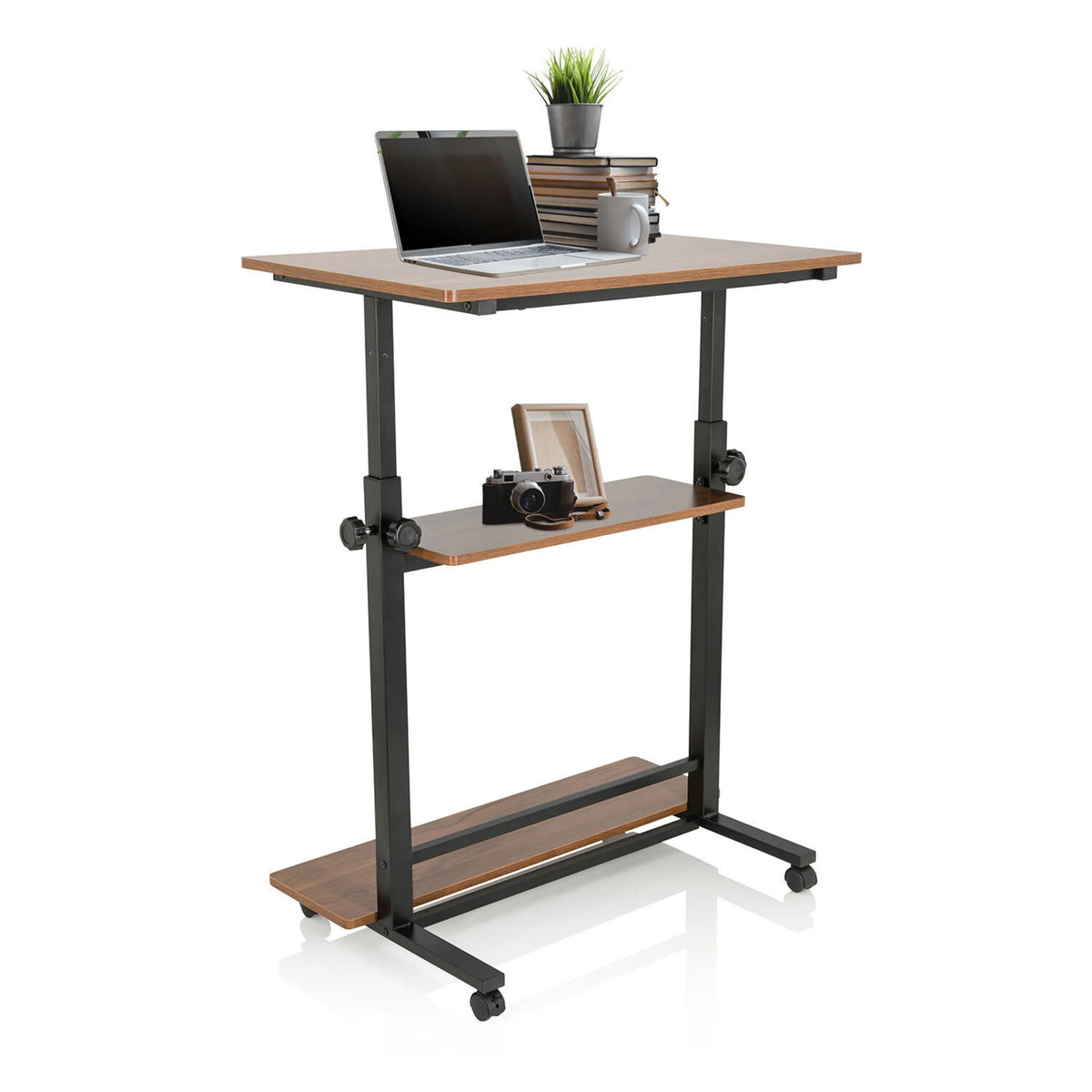 Ståskrivebord WORKSTATION II i sort og valnød med to opbevaringshylder og hjul fra hjh OFFICE