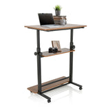 Ståskrivebord WORKSTATION II i sort og valnød med to opbevaringshylder og hjul fra hjh OFFICE