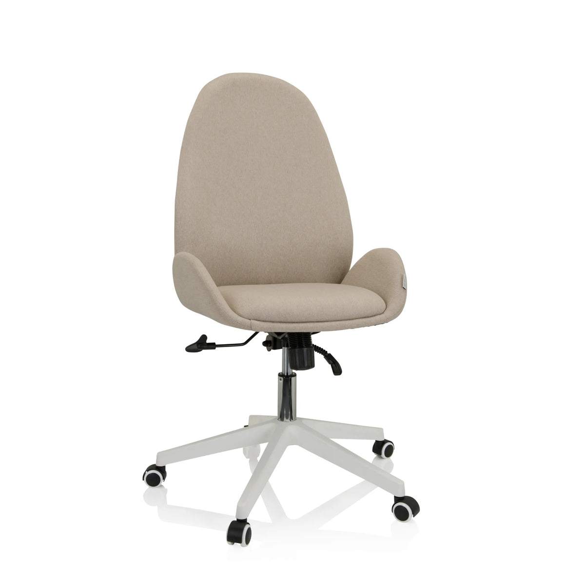 Beige AVEA I Home Office kontorstol med armlæn og hvidt femstjernet fodkryds med hjul fra hjh OFFICE – 360-graders visning (forfra 20°)