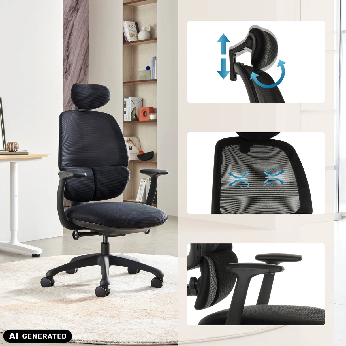 Professionel kontorstol RI-COVER i sort med justerbar nakkestøtte og armlæn fra hjh OFFICE (AI-genereret billede)