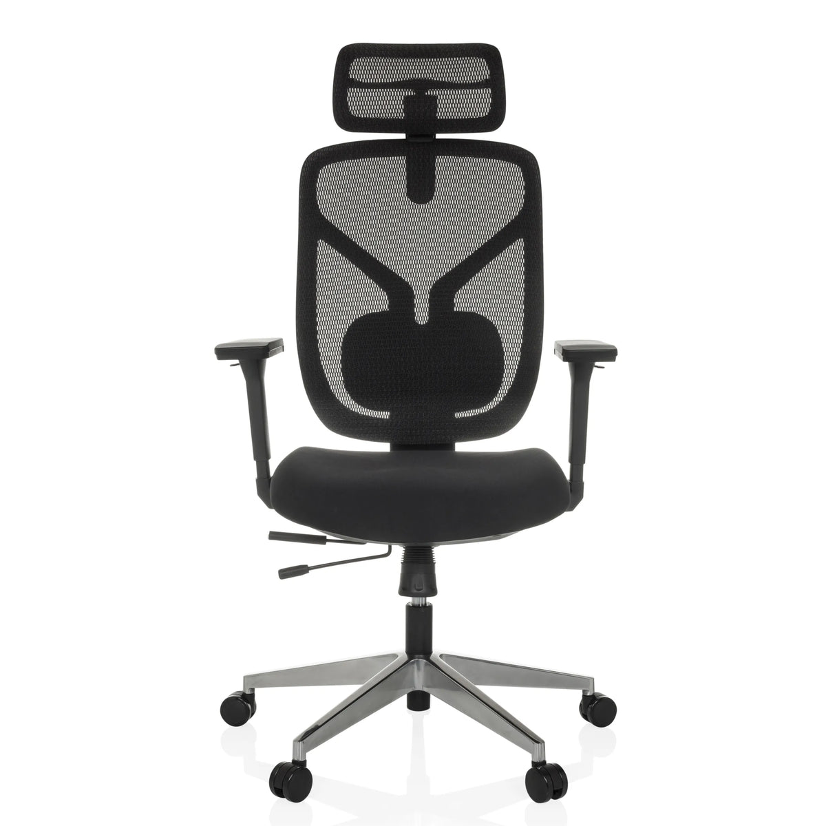 Schwarzer High-End-Bürostuhl CASSILIS B mit Netzrücken und Fußkreuz mit fünf Rollen von hjh OFFICE – 360-Grad-Ansicht (Frontansicht 0°)