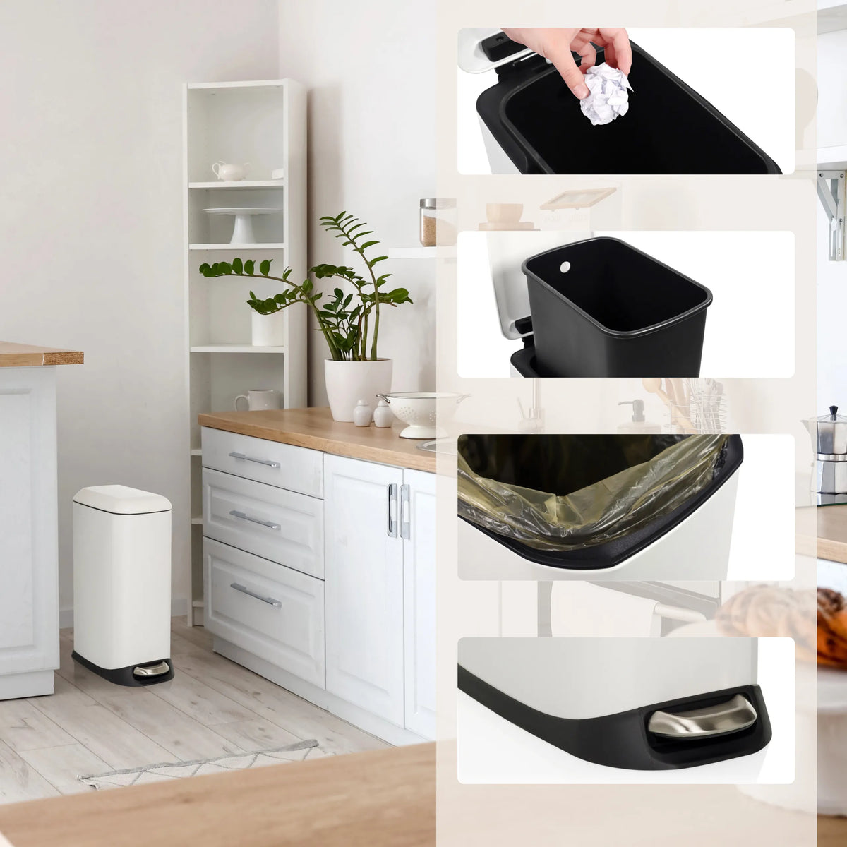 Hvid Papirkurv CLEAN SLIM med sort inderspand, affaldspose og fodpedal fra hjh OFFICE