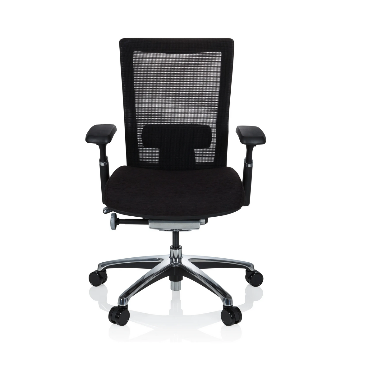 Sort High End kontorstol NOVA PRO ALU med netryg og femhjulet fodkryds fra hjh OFFICE – 360-graders visning (forfra 0°)