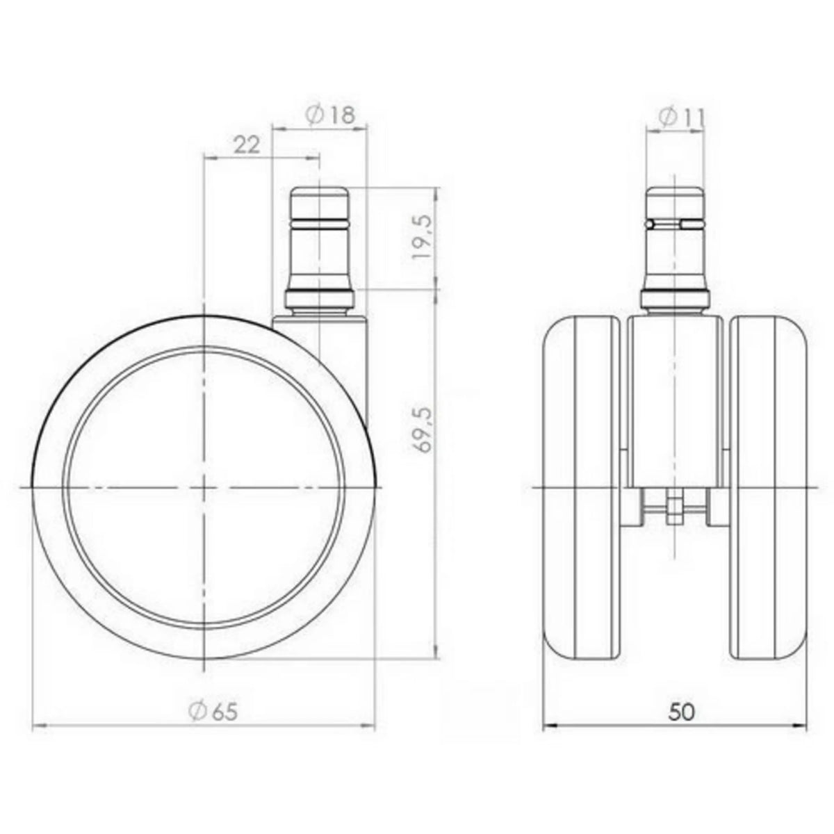 Teknisk tegning af Stolehjul 5x ROLO FREE 11mm/65mm med en diameter på 65 mm fra hjh OFFICE
