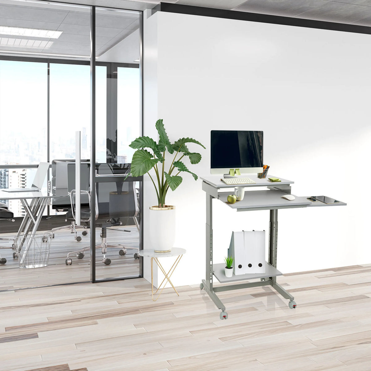 Gråt ståskrivebord WORKSTATION i størrelsen 60 × 50 cm med opbevaringsrum og hjul fra hjh OFFICE