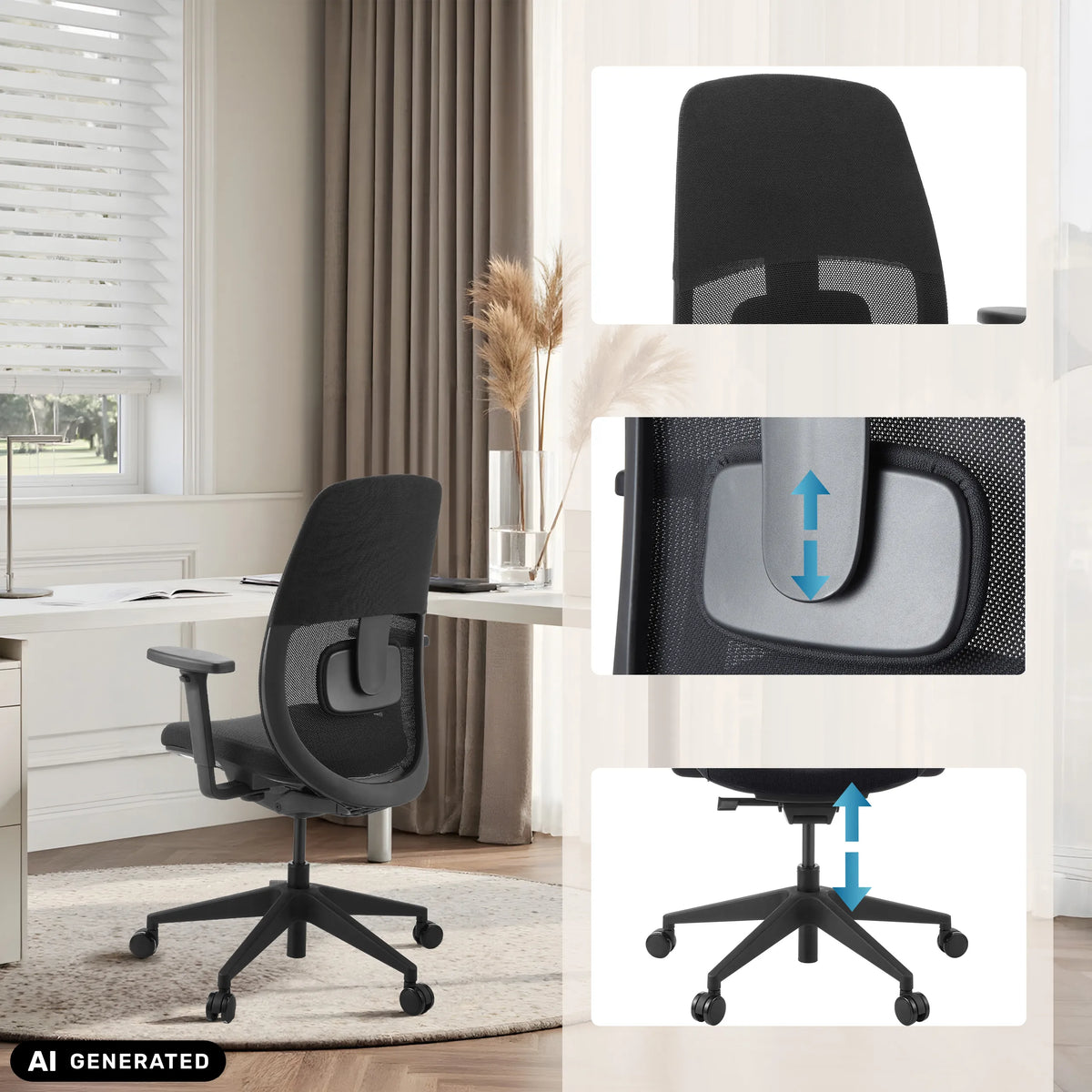 Højdejusterbar lændestøtte og gasfjeder på den professionelle kontorstol Skandis fra hjh OFFICE (AI-genereret billede)