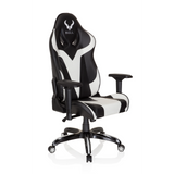 Schwarz-weißer Gamingstuhl PROMOTER I mit Armlehnen und Fußkreuz mit fünf Rollen von hjh OFFICE – 360-Grad-Ansicht (schräge Frontansicht 40°)