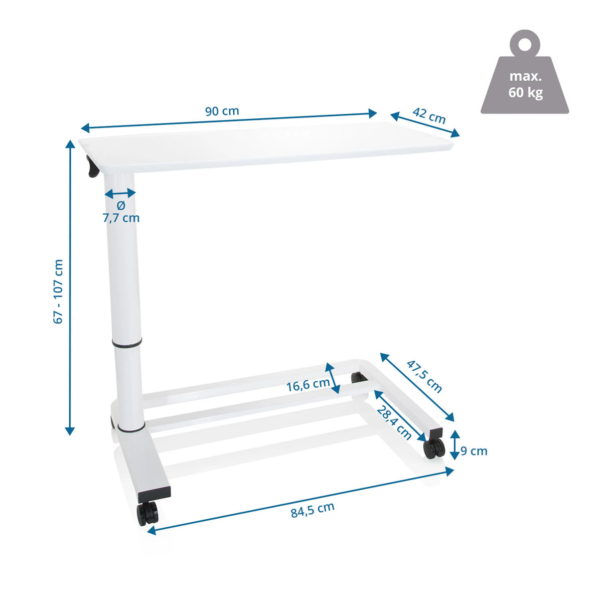 Teknisk tegning af Ståskrivebord STAND II med en bordplade på 90 × 42 cm fra hjh OFFICE