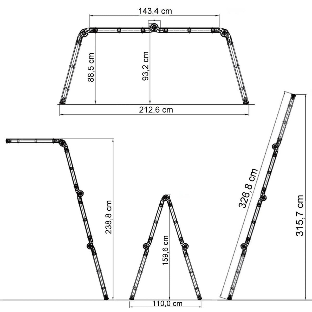 Teknisk tegning af Foldestige SOLID W3 med en bredde på 212,6 cm fra hjh OFFICE