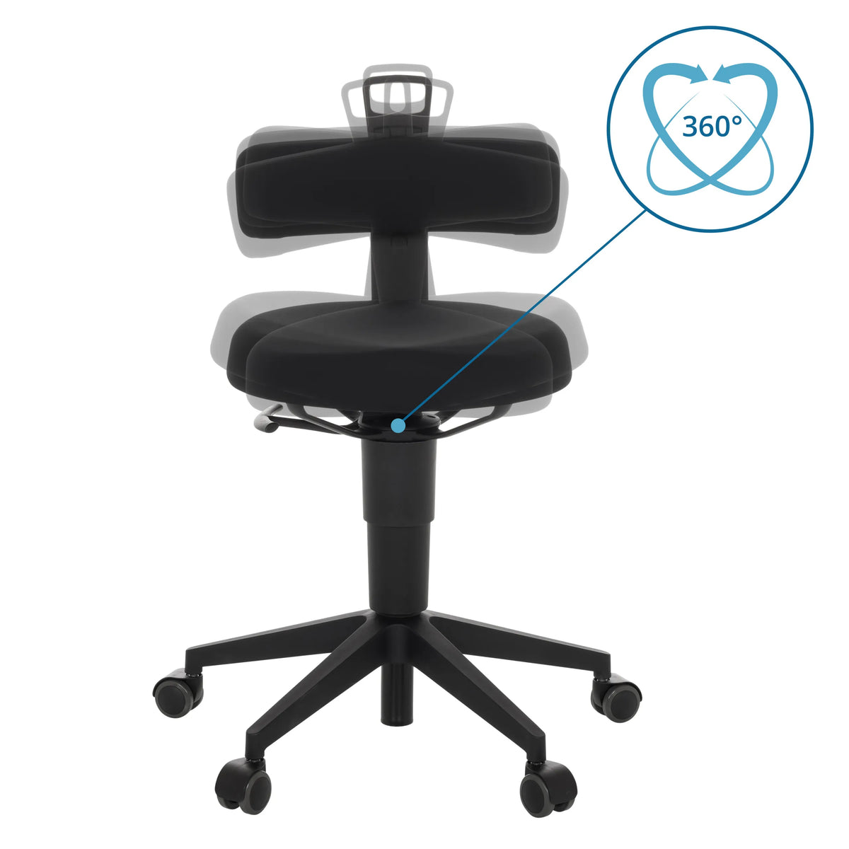360-graders drejefunktion på TOP WORK FLEX drejeskammel i sort med krydsfod med hjul fra hjh OFFICE