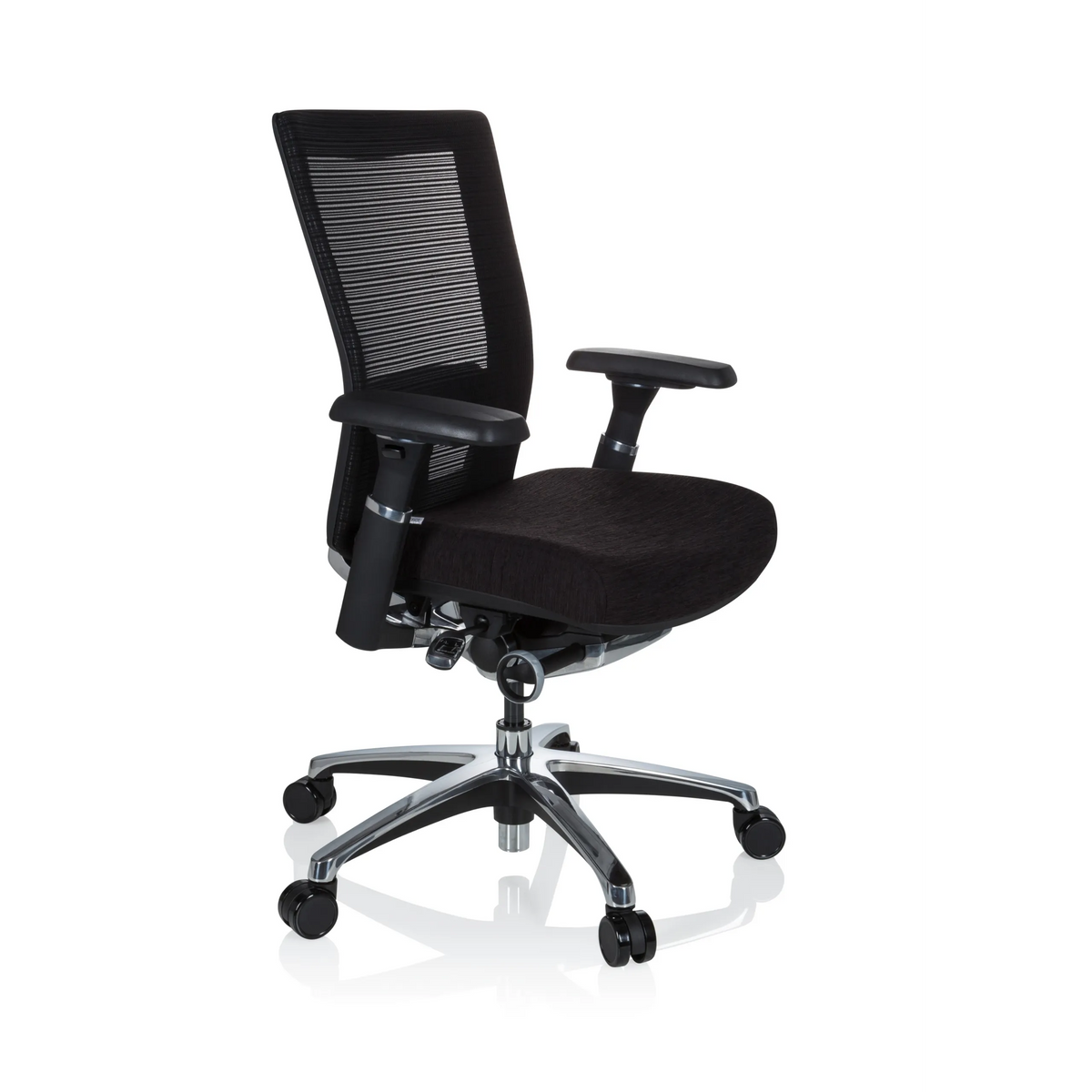 Sort High End kontorstol NOVA PRO ALU med netryg og femhjulet fodkryds fra hjh OFFICE – 360-graders visning (skråt forfra 60°)