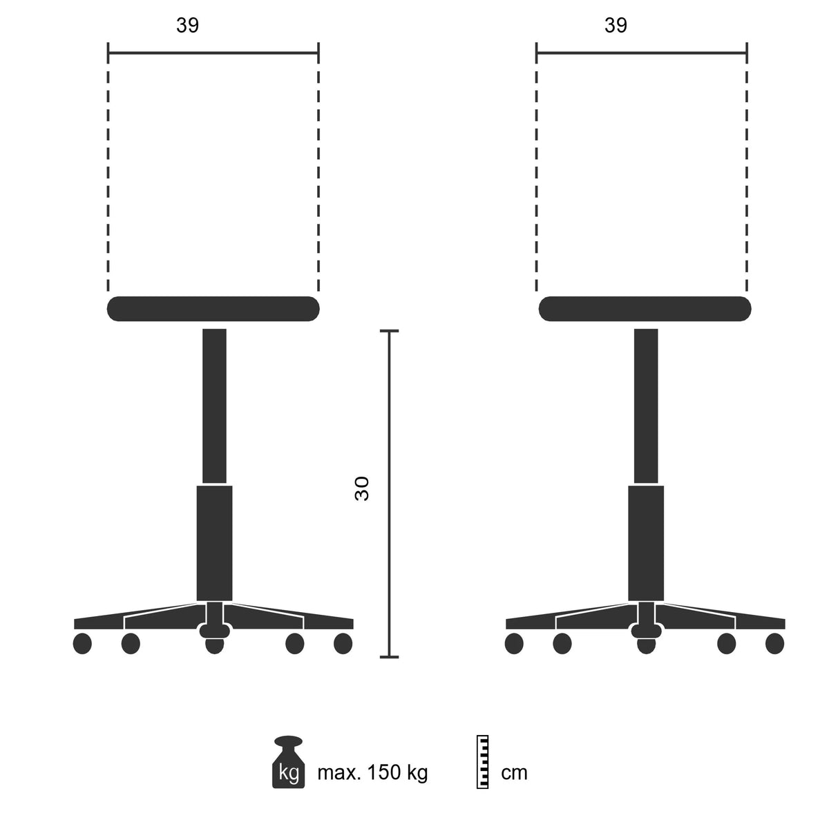 Teknisk tegning af Trinskammel TIO-S med en bredde på 39 cm fra hjh OFFICE