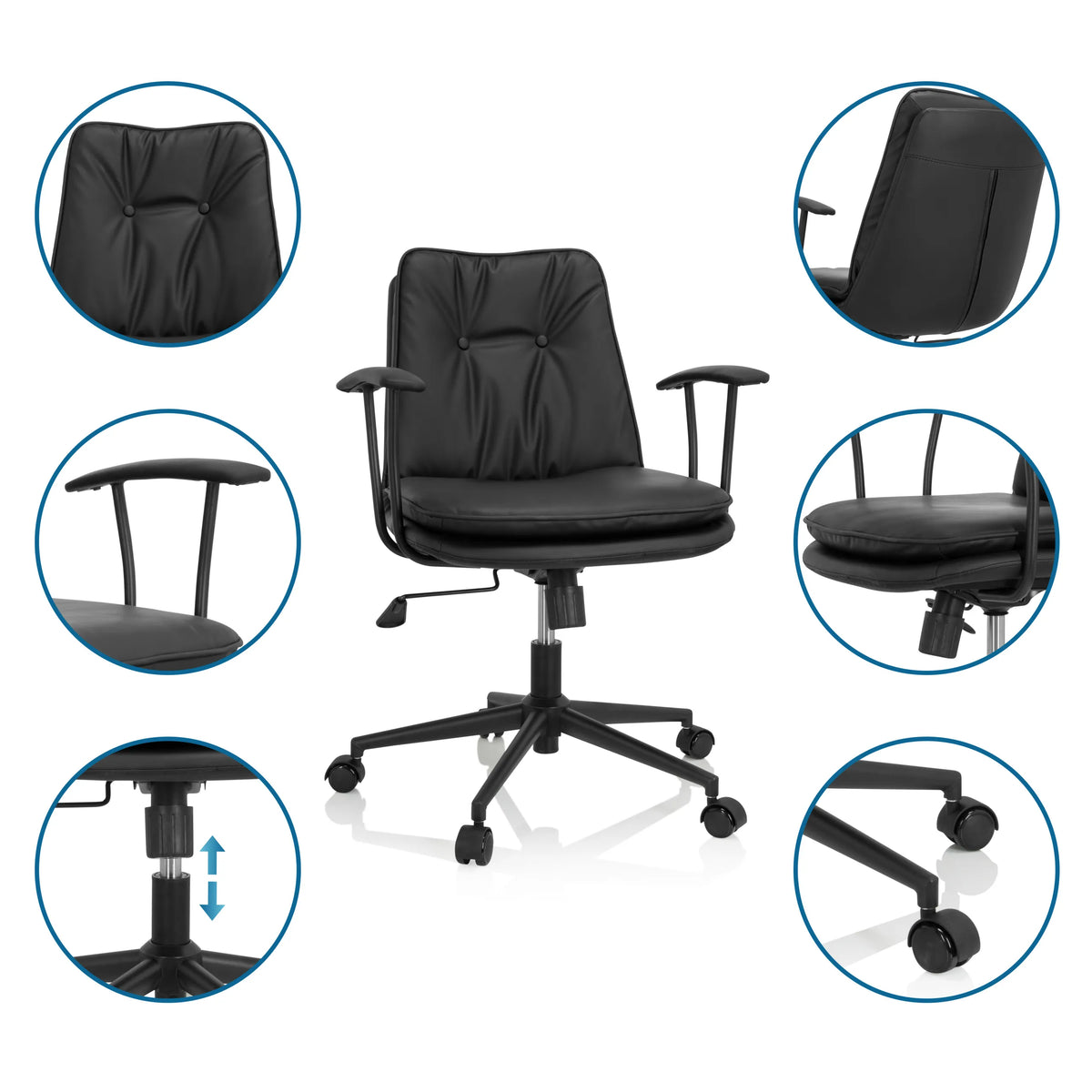 Sort Home Office kontorstol SMALLO med detaljevisninger af ryglæn, armlæn og hjul fra hjh OFFICE
