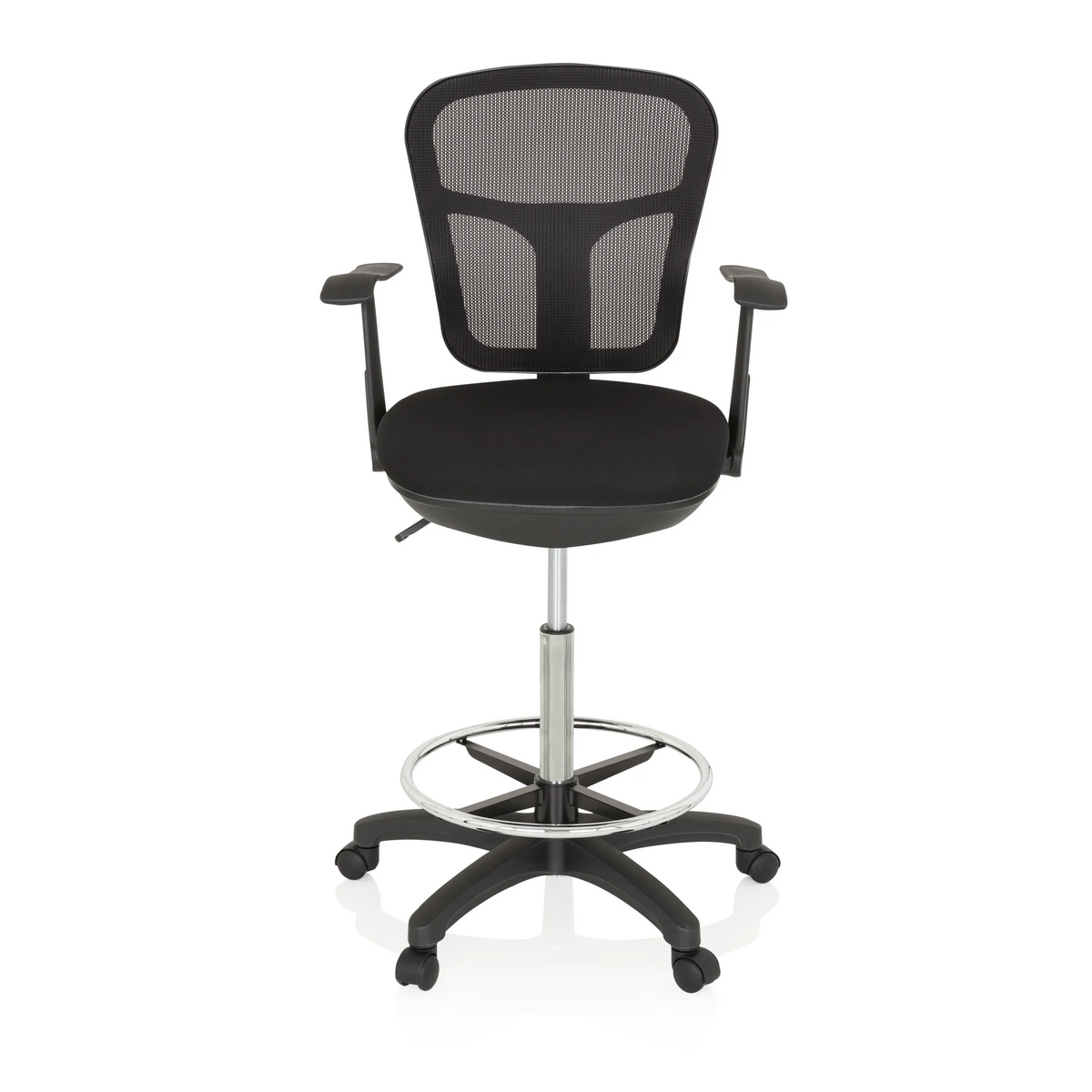 Sort Diskstol TOP WORK 108 med netryg, fodring og femhjulet fodkryds fra hjh OFFICE – 360-graders visning (forfra 0°)
