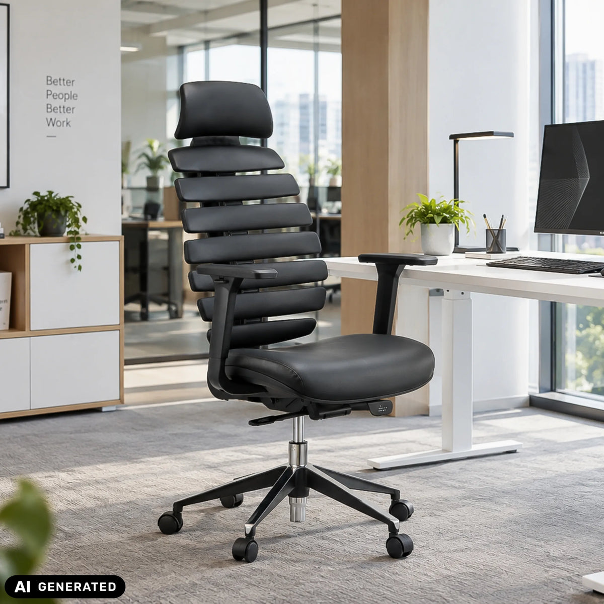 Sort professionel kontorstol ERGO LINE II PRO i læder med segmenteret ryglæn fra hjh OFFICE (AI-genereret billede)