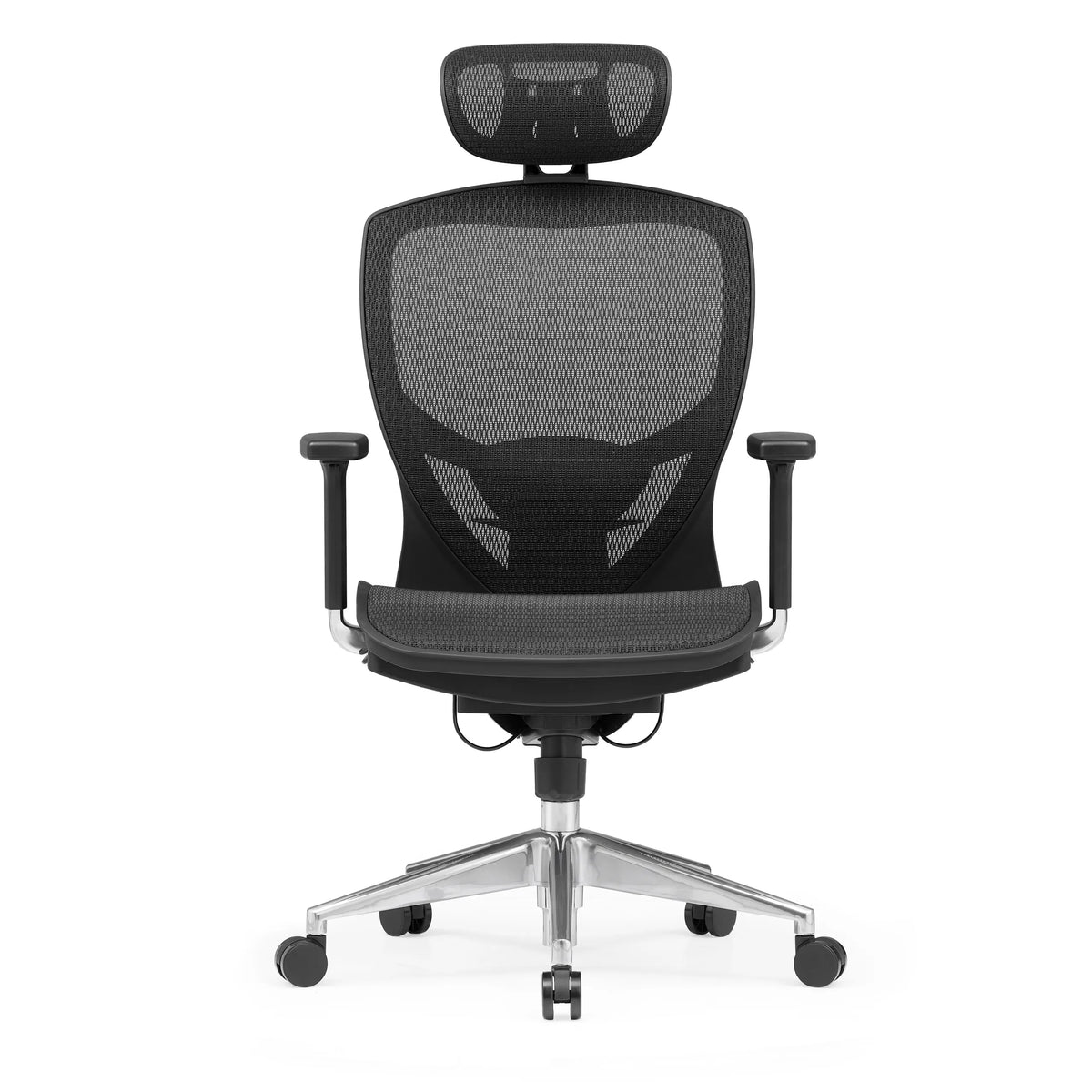 Sort High End kontorstol VENUS ONE med netryg og femstjernet fodkryds med hjul fra hjh OFFICE – 360-graders visning (forfra 0°)