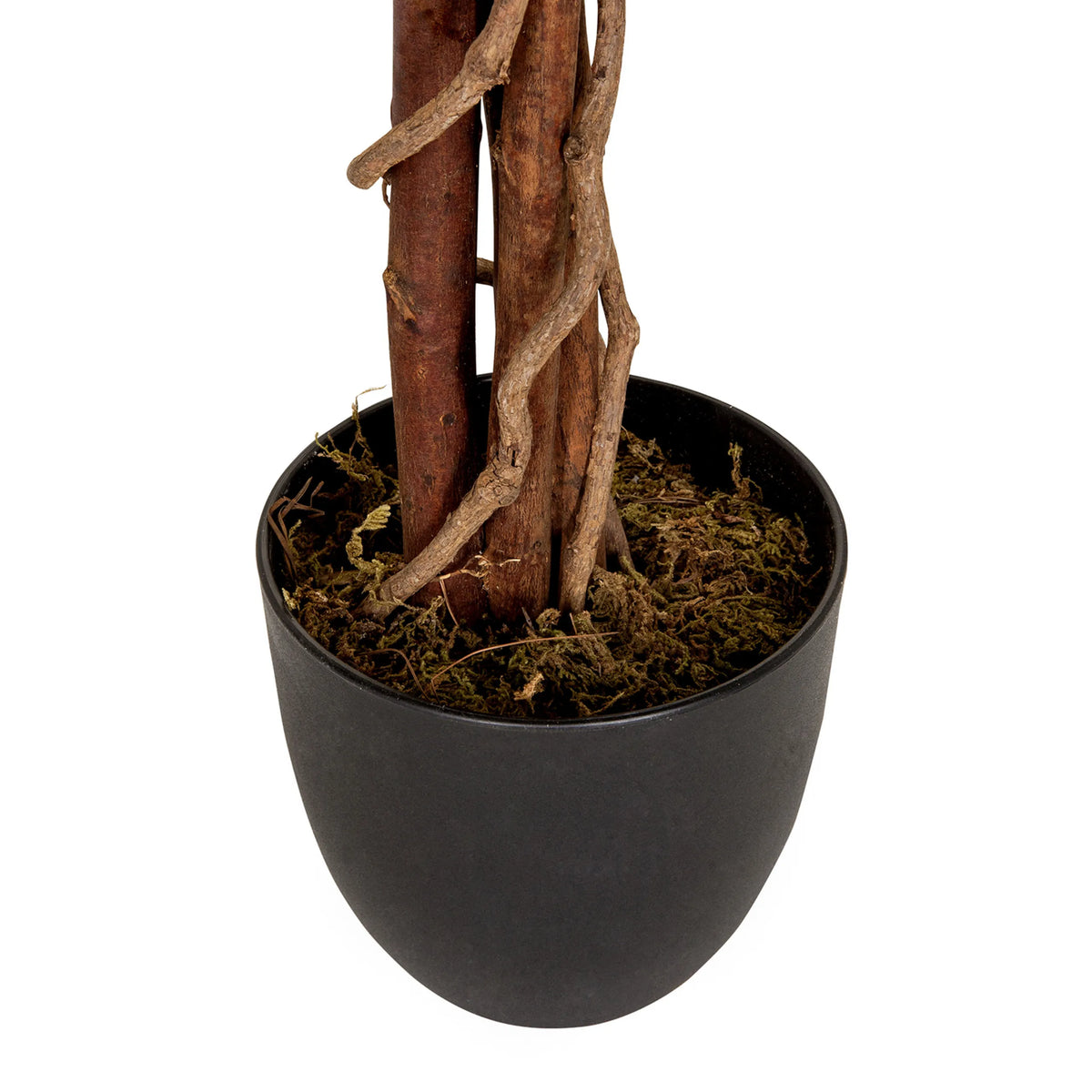 Stamme og sort plantekrukke med moslag fra den kunstige plante MANGO fra hjh OFFICE