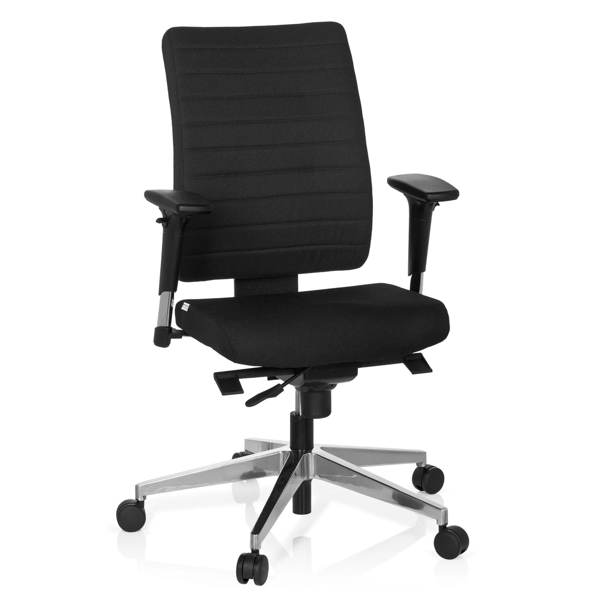 Sort Professionel kontorstol PRO-TEC 350 med armlæn og sølvfarvet femstjernet fodkryds med hjul fra hjh OFFICE – 360-graders visning (forfra 20°)