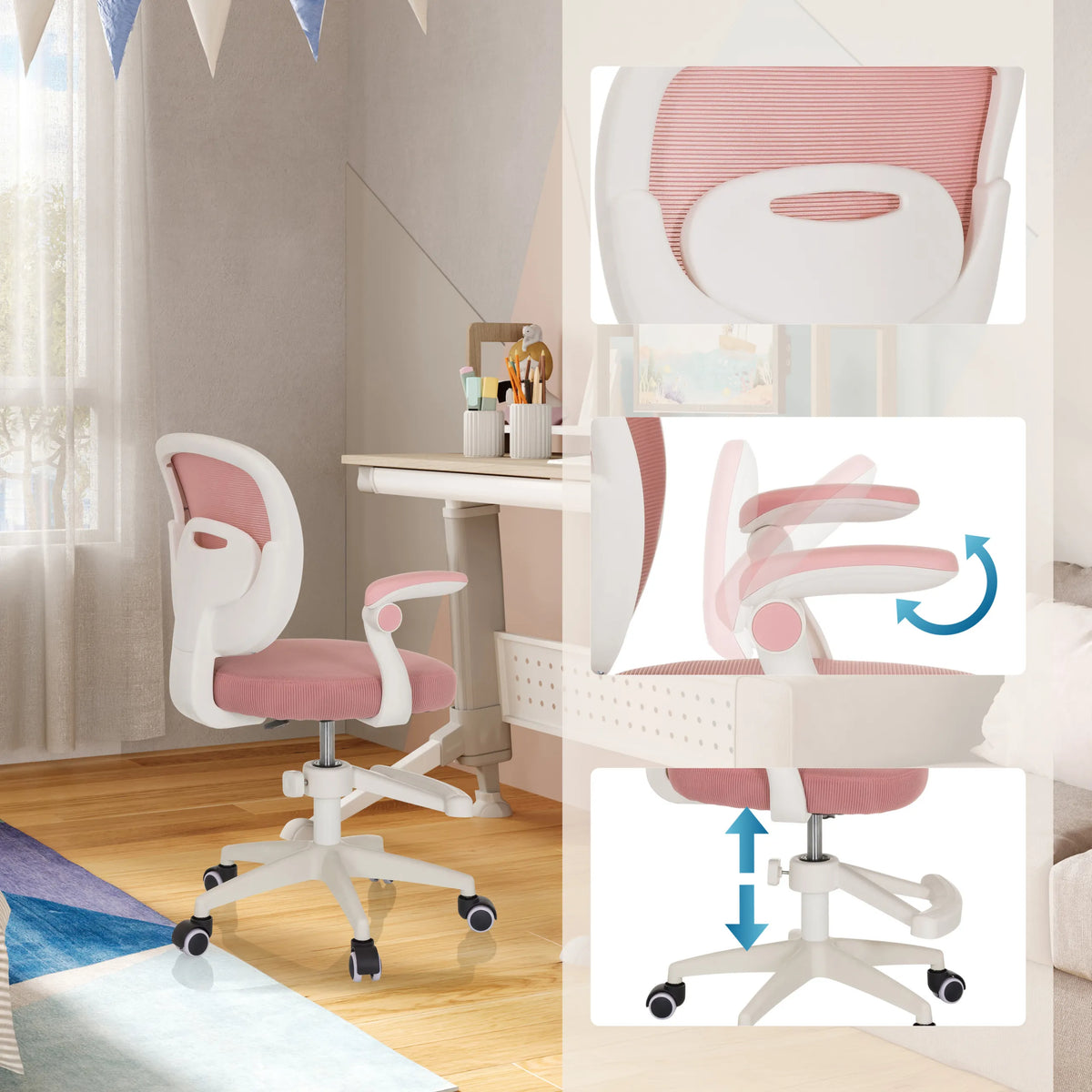 Snurrstol for børn KIDDY SMART i pink med justerbar sædehøjde og drejelige armlæn fra hjh OFFICE