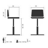Teknisk tegning af Drejeskammel TOP WORK FLEX PU med en siddehøjde på 46-58 cm fra hjh OFFICE