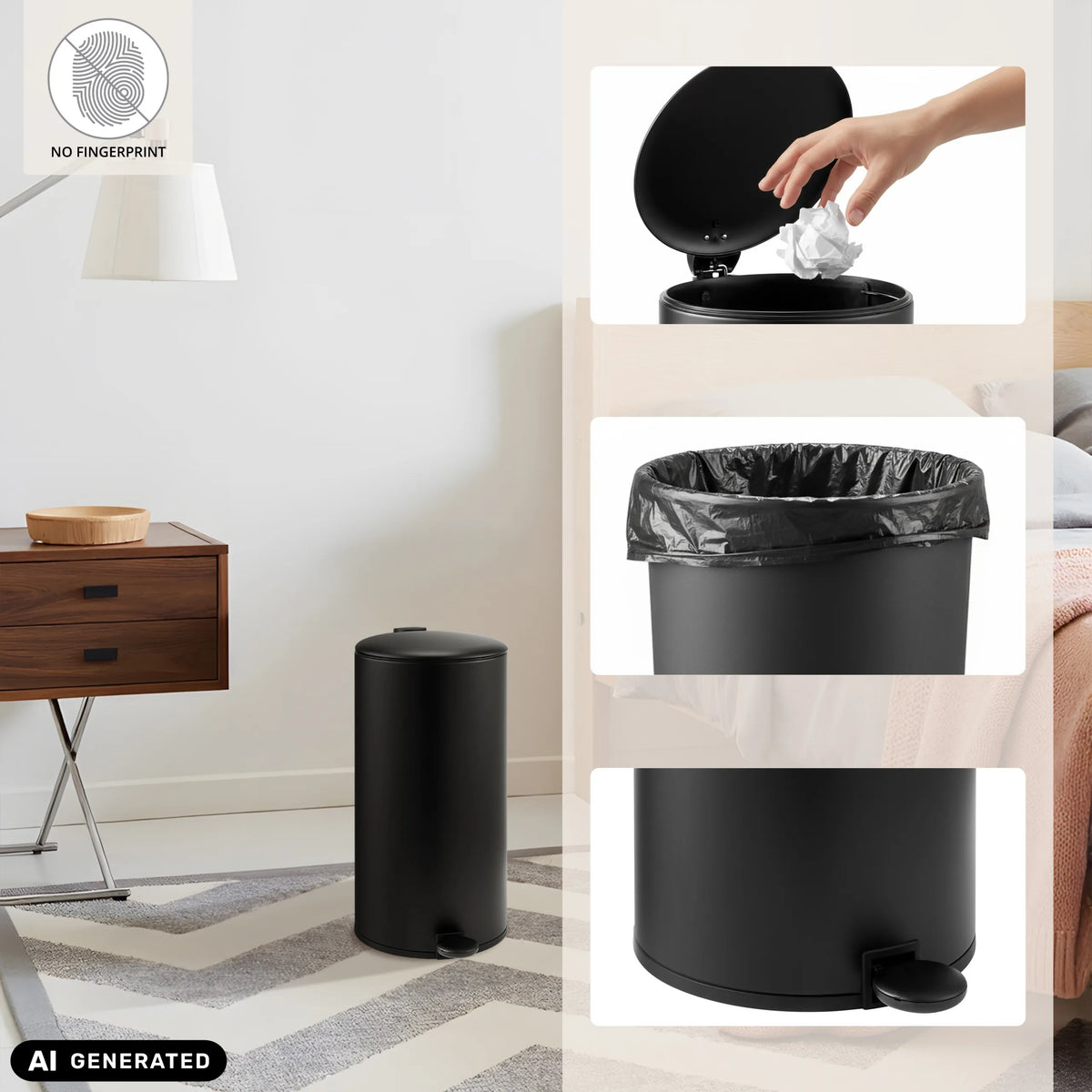 Sort CLEAN STEP 2 papirkurv med låg, affaldspose og fodpedal fra hjh OFFICE (AI-genereret billede)