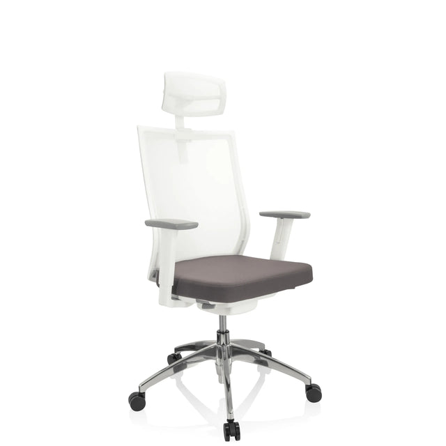 Professionel kontorstol ASPEN WHITE PRO i grå og hvid med netryg og nakkestøtte fra hjh OFFICE
