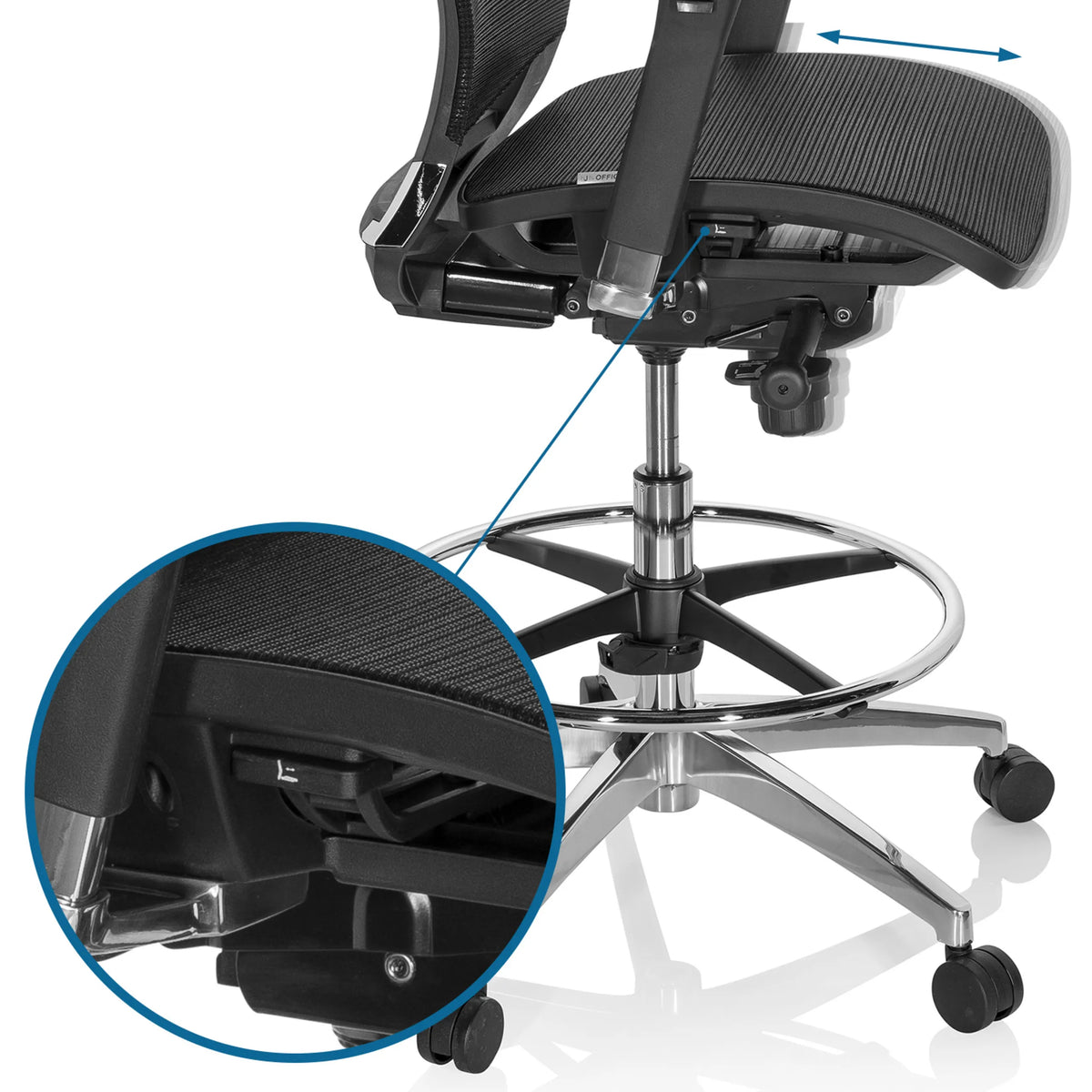 Sædehøjdejustering og fodring på diskstolen TOP WORK 78 fra hjh OFFICE