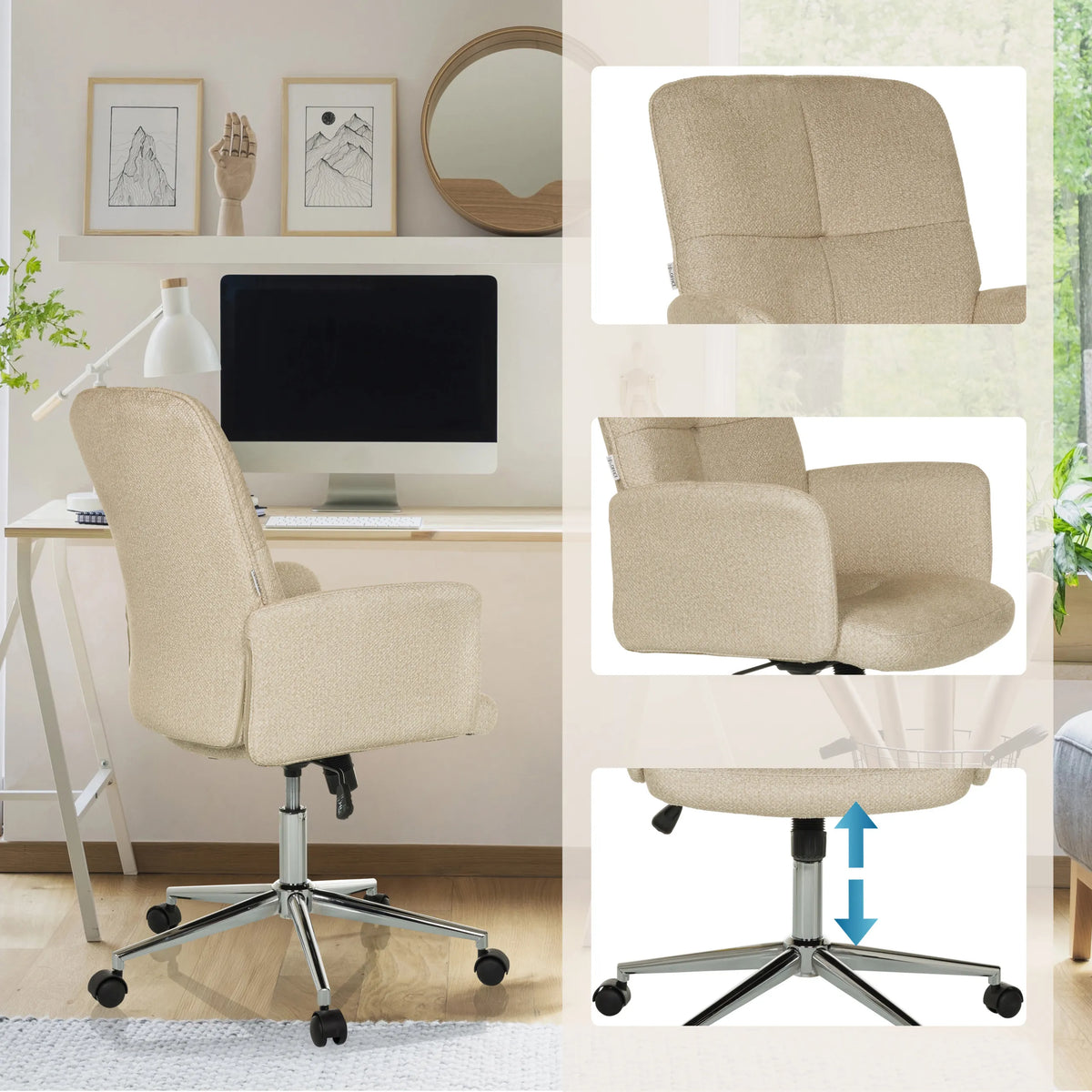 Beige Home Office kontorstol SOLAO 400 med justerbar siddehøjde, armlæn og stjernefod med hjul fra hjh OFFICE