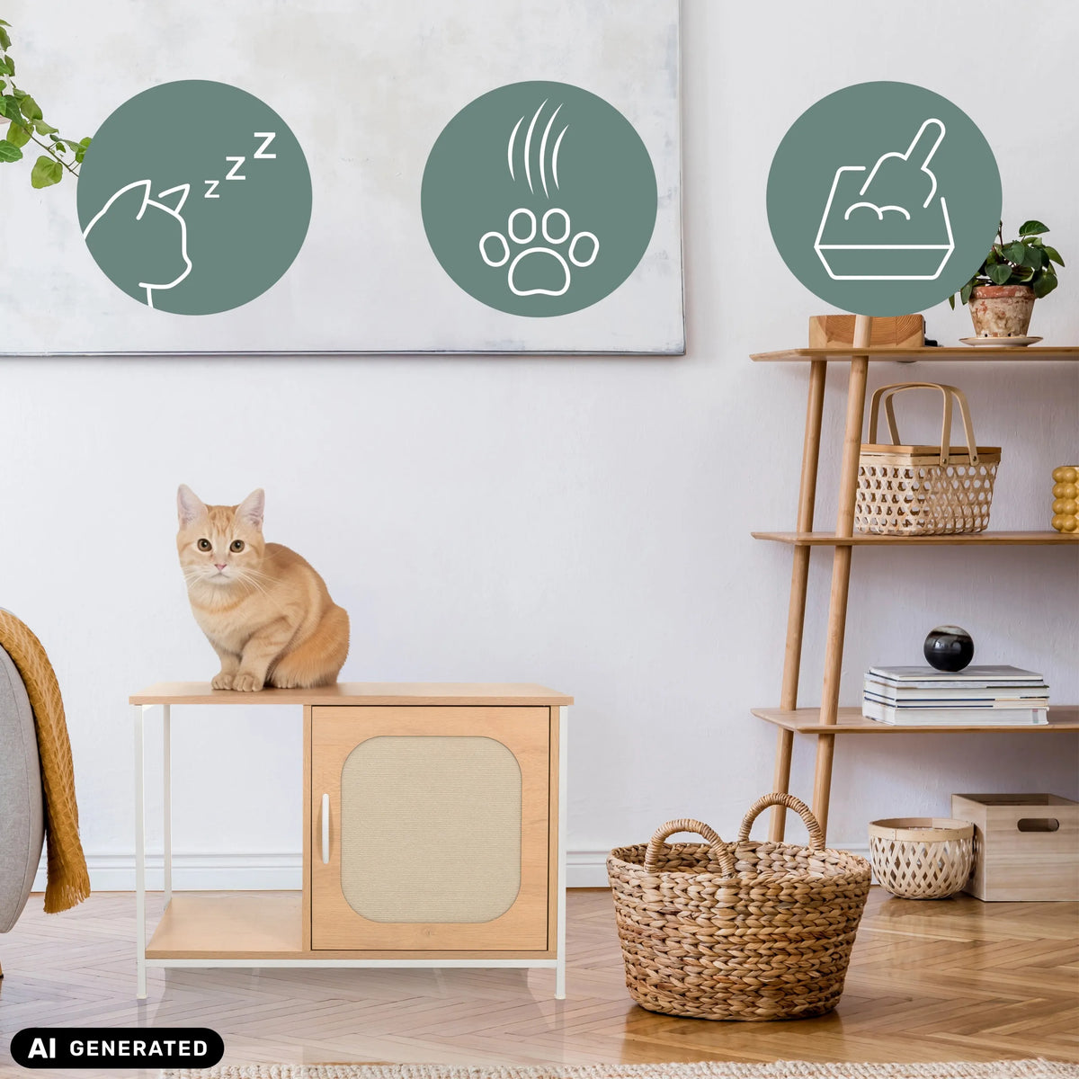 Kattehus KITTYHOME 1 i hvid og bøg med en kat, der sidder på det fra hjh LIVING (AI-genereret billede)