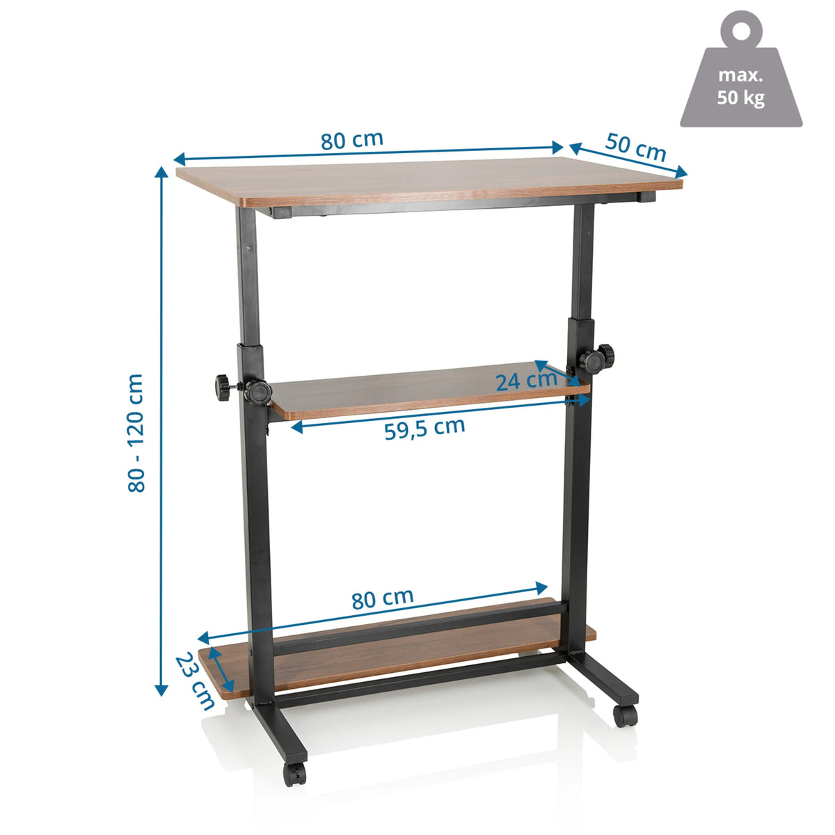 Måltegning af Ståskrivebord WORKSTATION II med 80 × 50 cm og en højde fra 80 til 120 cm fra hjh OFFICE