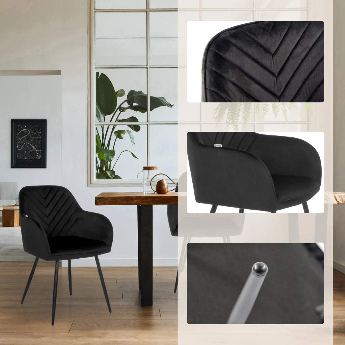 Sort Spisestuestol CHARVELLE med stikningsdetaljer og slanke ben fra hjh LIVING