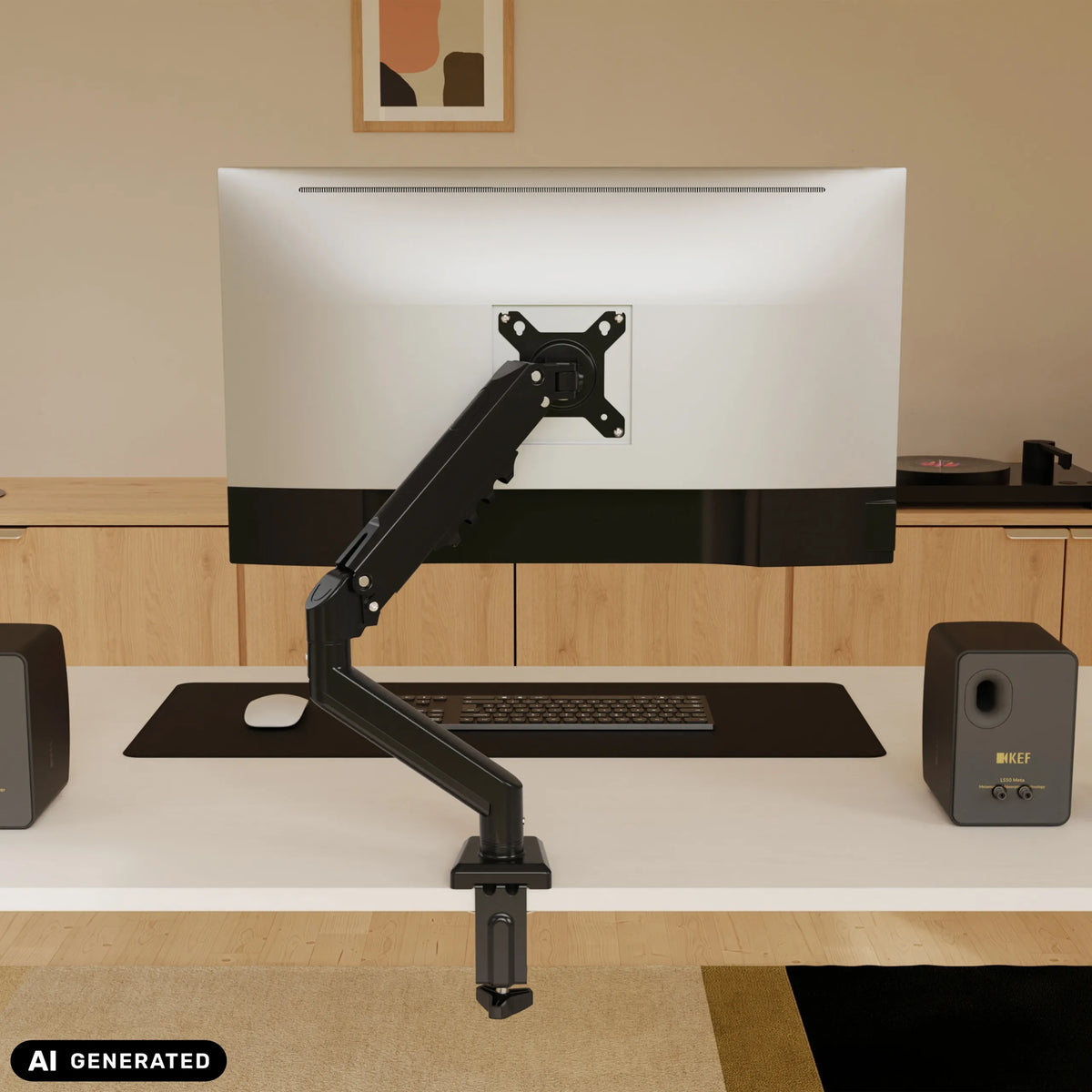 Sort Ergomount GF1 skærmholder med ledarm på et skrivebord fra hjh OFFICE (AI-genereret billede)