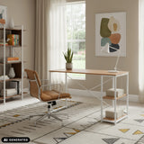 Skrivebord Easy Up2 i hvid og eg med integreret hylde fra hjh LIVING (AI-genereret billede)