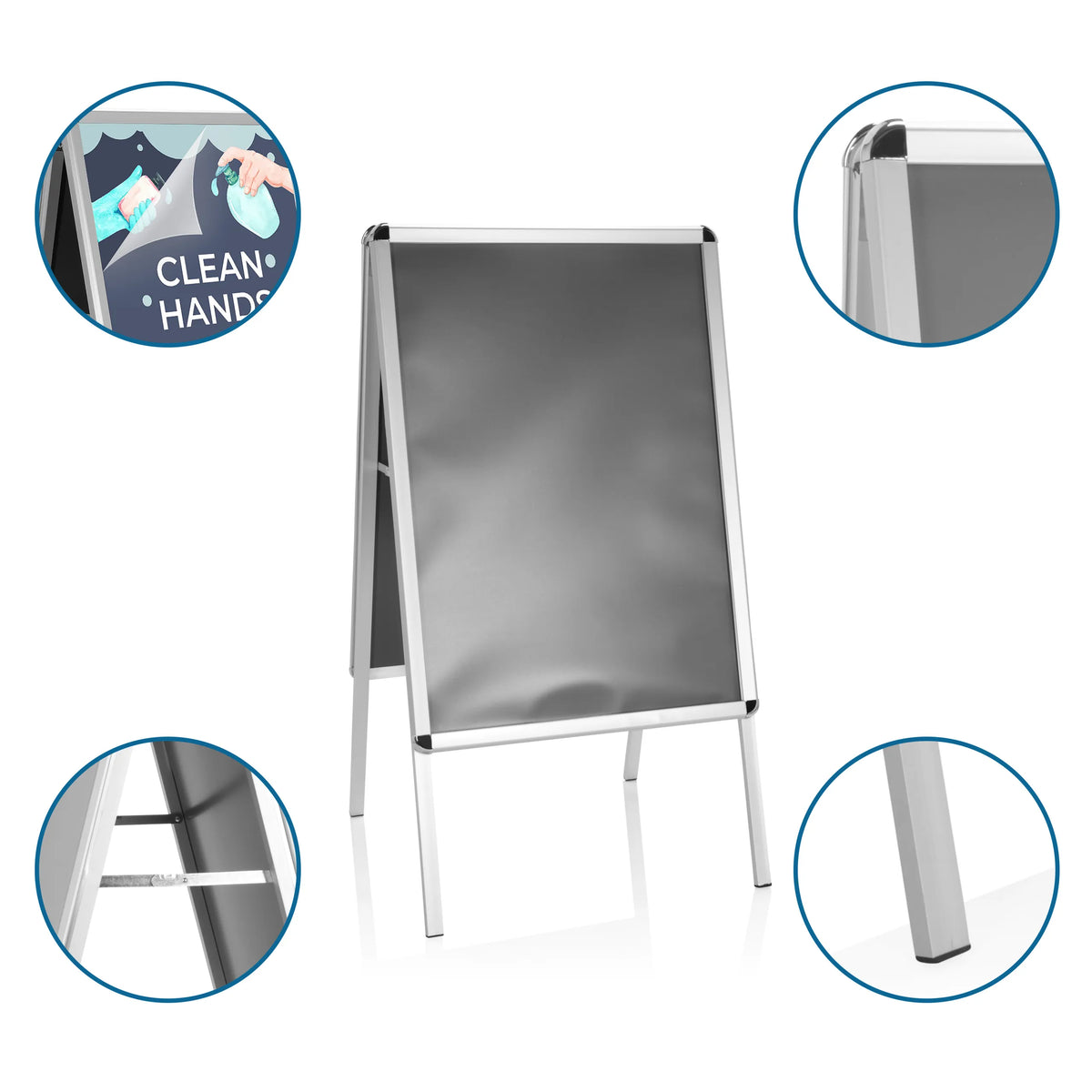 Aluminium Plakatstander AGENDA II med aftørrelig overflade og støtteben fra hjh OFFICE