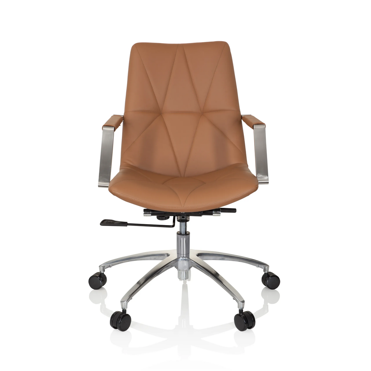 Kamelfarvet Home Office kontorstol SARANTO II med syninger og femhjulet fodkryds fra hjh OFFICE – 360-graders visning (forfra 0°)