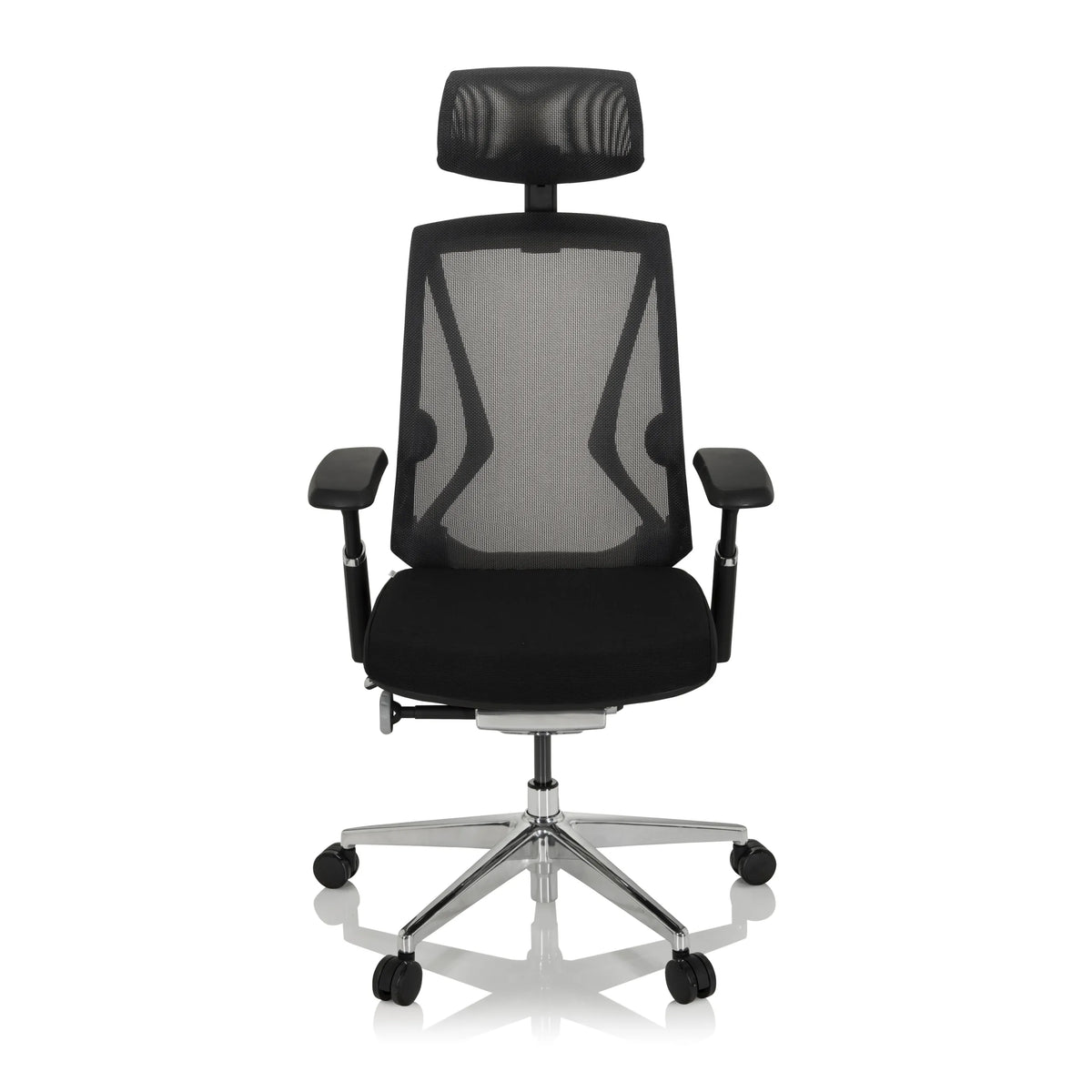 Sort High End kontorstol INSPERO med netryg, nakkestøtte og femhjulet fodkryds fra hjh OFFICE – 360-graders visning (forfra 0°)