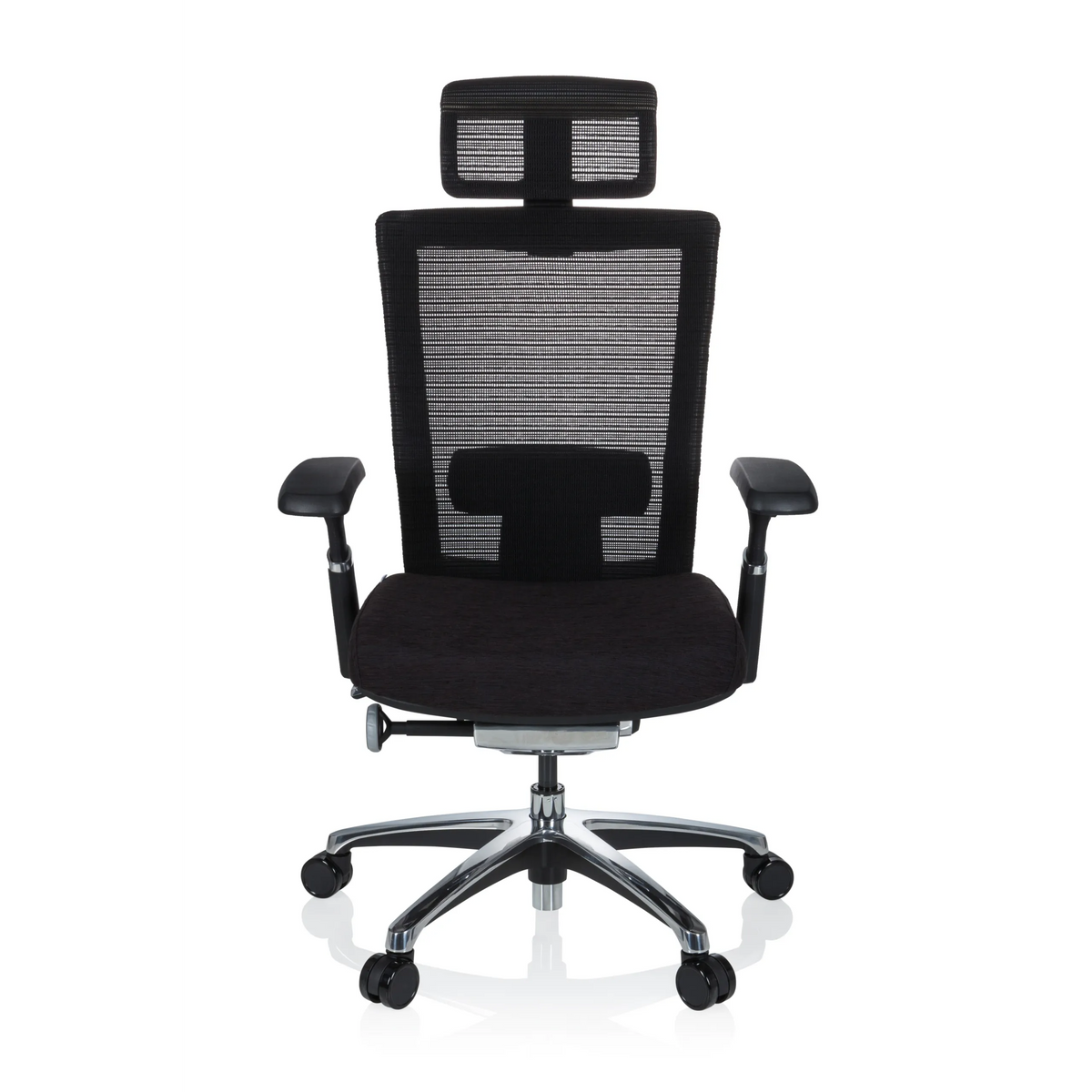 Sort High End kontorstol NOVA PRO I med netryg og femstjernet fodkryds med hjul fra hjh OFFICE – 360-graders visning (forfra 0°)