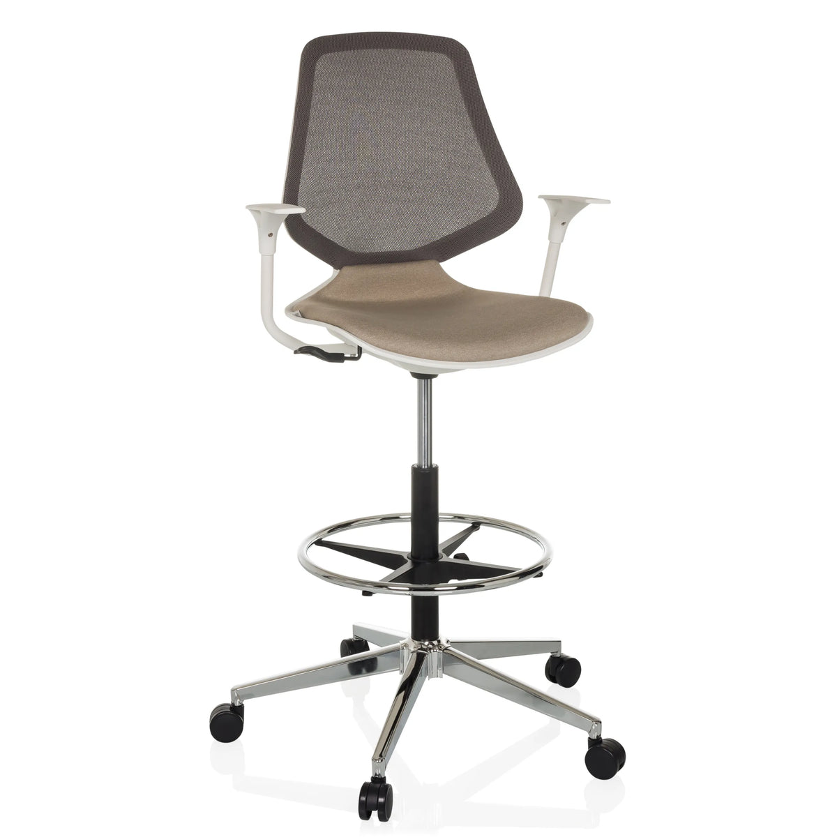 Beige diskstol TOP WORK STYLE med netryg, fodring og femhjulet fodkryds fra hjh OFFICE – 360-graders visning (forfra 15°)