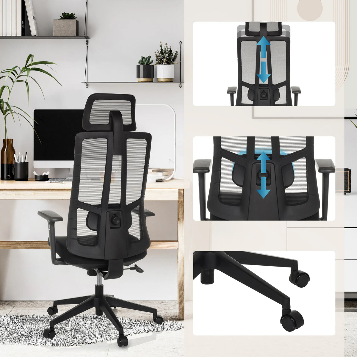 Højdejusterbar nakkestøtte, lændestøtte og hjul på Professionel kontorstol TRAMORE fra hjh OFFICE