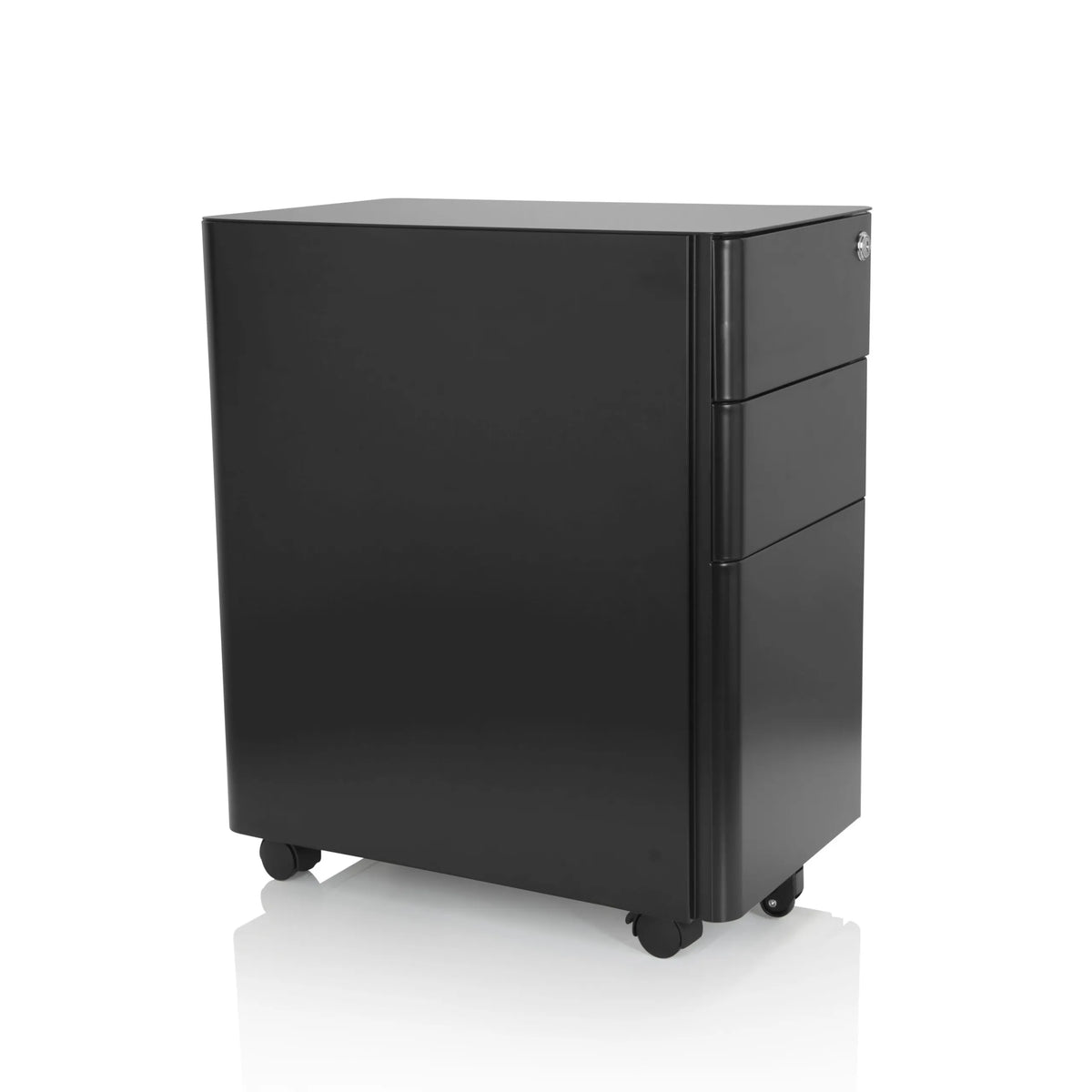Sort metal rullecontainer COLOR I med tre skuffer og fire hjul fra hjh OFFICE – 360-graders visning (skråt forfra 60°)