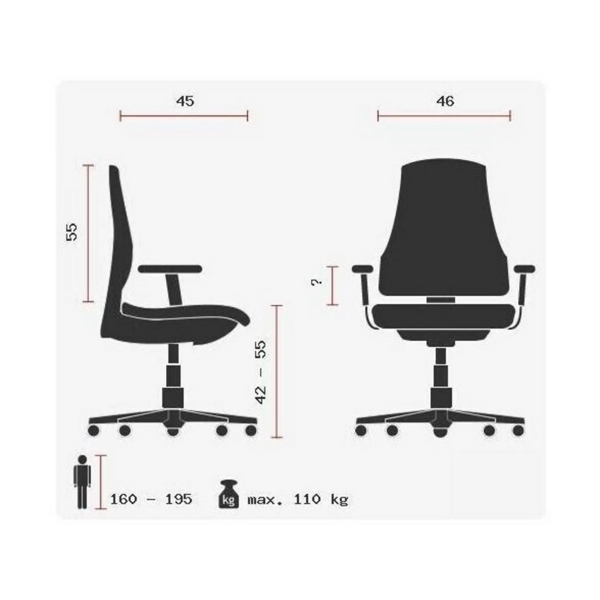 Technische Zeichnung des Homeoffice-Bürostuhls TRENDY SY mit einer maximalen Belastbarkeit von 110 kg von Topstar