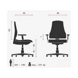 Technische Zeichnung des Homeoffice-Bürostuhls TRENDY SY mit einer maximalen Belastbarkeit von 110 kg von Topstar