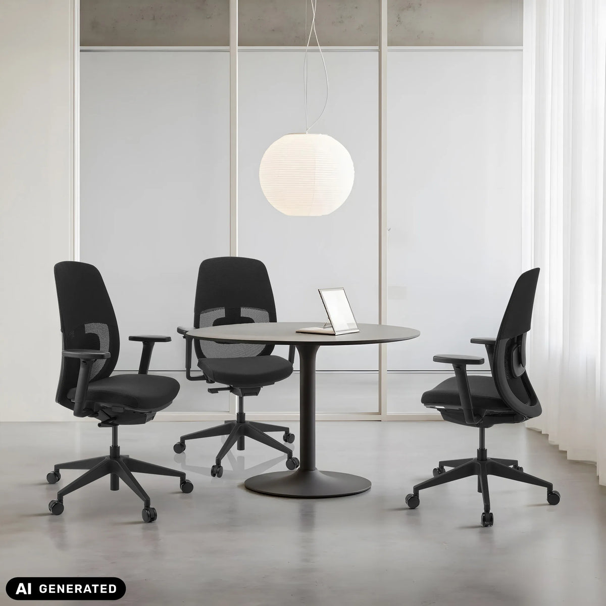 Tre professionelle kontorstole Skandis i sort ved et rundt bord fra hjh OFFICE (AI-genereret billede)