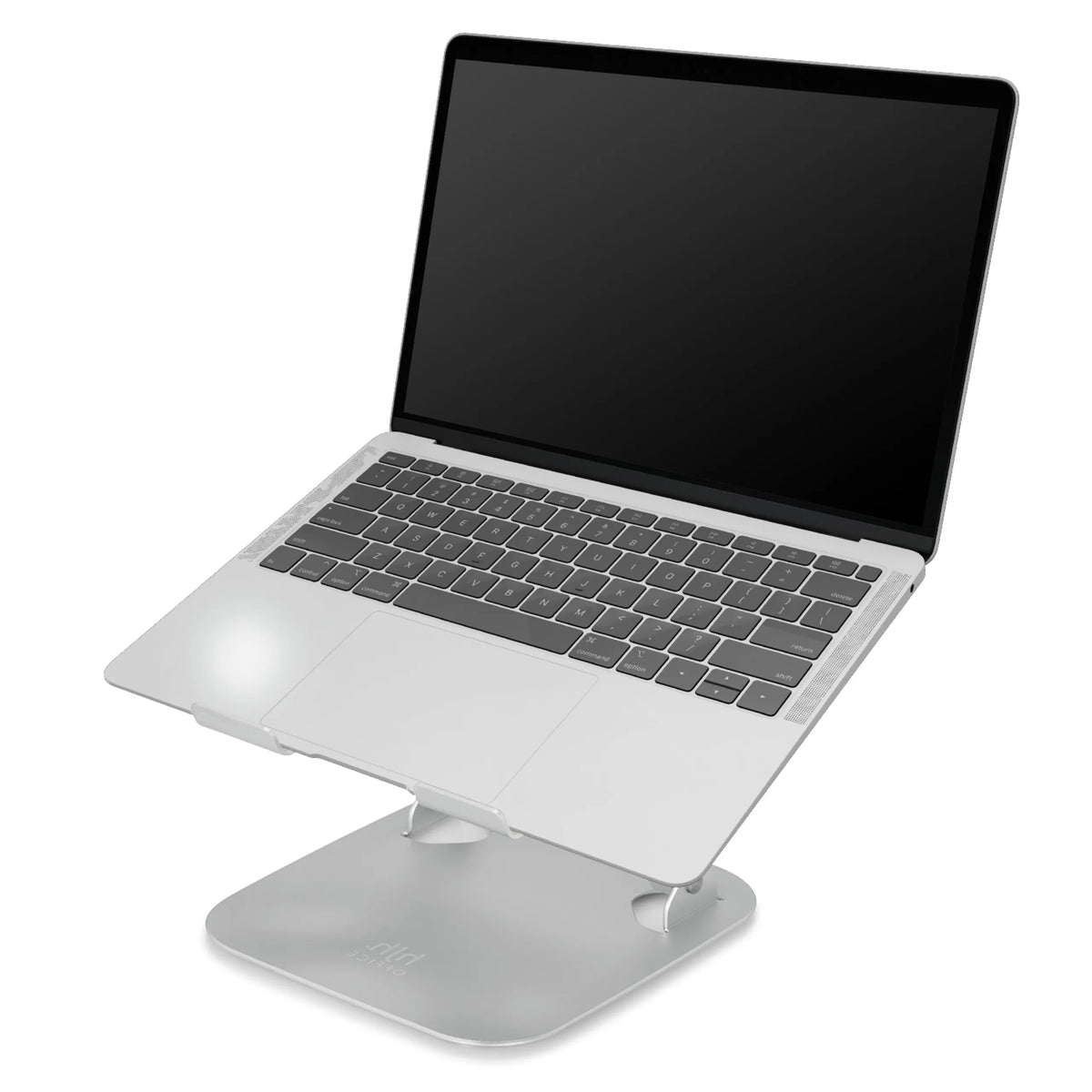 Sølvfarvet underlag til bærbar computer LAPTOP STAND med en bærbar computer placeret ovenpå i skrå position fra hjh OFFICE