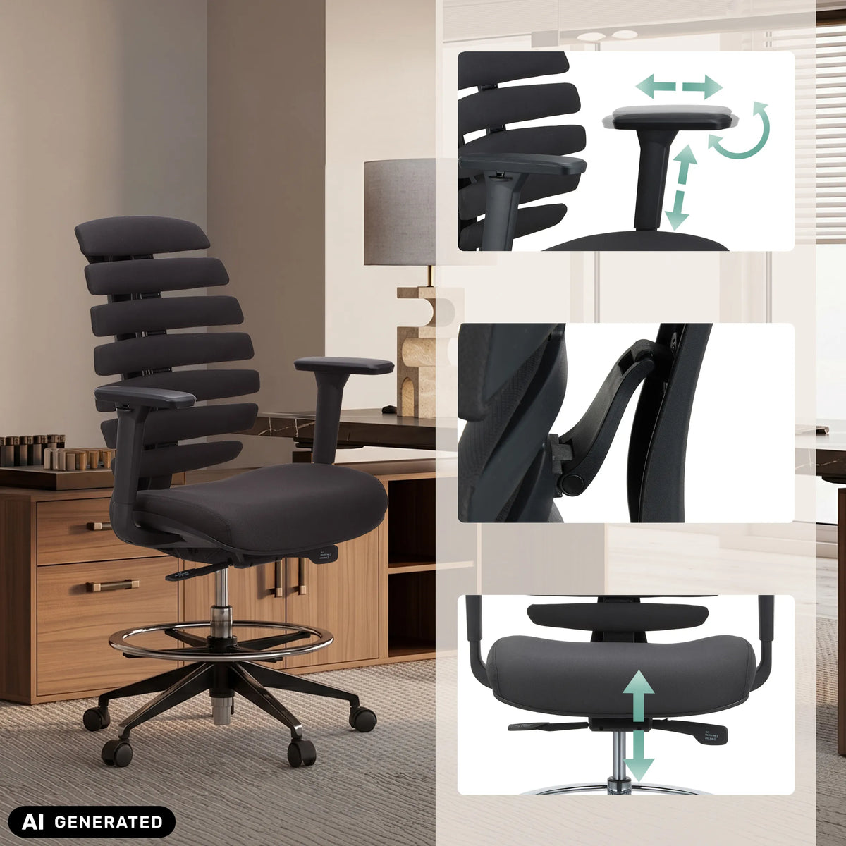 Verstellbare Armlehnen, Rückenlehne und Sitzhöhe des Counterstuhls ERGO LINE II WORK in Schwarz von hjh OFFICE