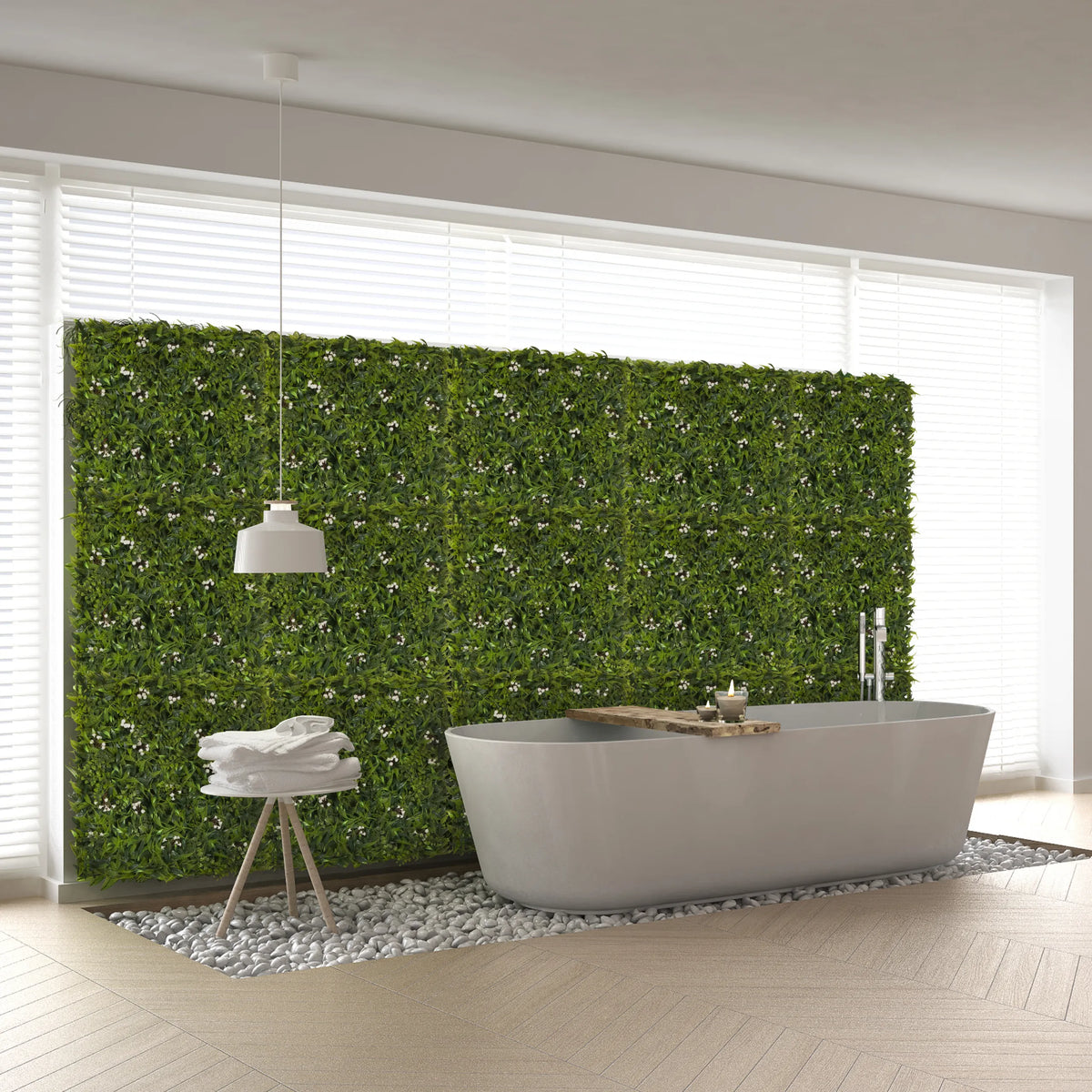 Grøn plantemåtte MORE GREEN I som vertikal vægbegrønning i et badeværelse fra hjh OFFICE