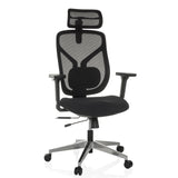 Schwarzer High-End-Bürostuhl CASSILIS B mit Netzrücken und Fußkreuz mit fünf Rollen von hjh OFFICE – 360-Grad-Ansicht (Frontansicht 15°)