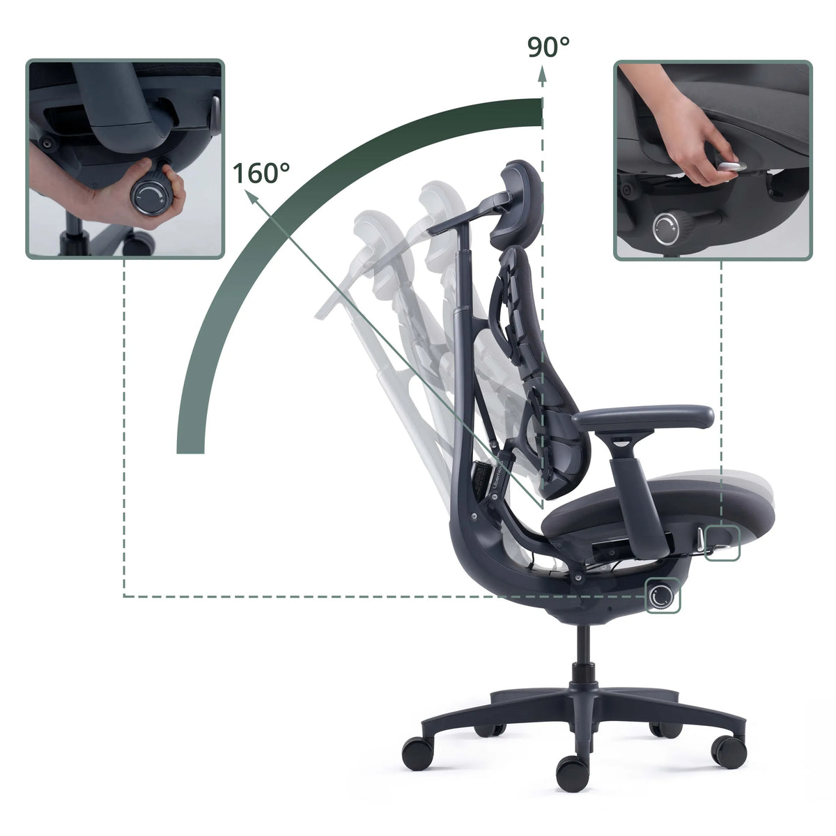Verstellbare Rückenlehne des High-End-Bürostuhls LiberNovo Omni mit Neigungswinkel von 90° bis 160° von Libernovo