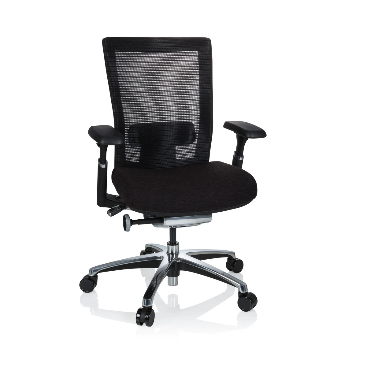 Sort High End kontorstol NOVA PRO ALU med netryg og femhjulet fodkryds fra hjh OFFICE – 360-graders visning (forfra 20°)